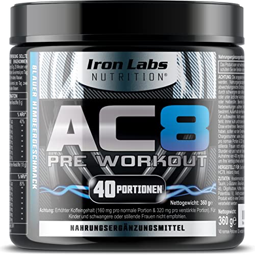 AC8 – Pre Workout Booster (Blaue Himbeere) – Booster Pre Workout mit Kreatin, Beta-Alanin, Taurin und Koffein – Preworkout pulver (360 Gramm)