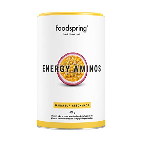 foodspring Energy Aminos, Maracuja, 400g, Pre-Workout-Booster mit Vitamin C, B3, B12, Koffein, Piperin und veganen BCAAs