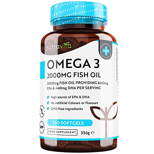 Omega 3 2000 mg – Reines Fischöl aus NACHHALTIGEM Fischfang - HOCHDOSIERT mit 660 mg EPA & 440 mg DHA pro Portion – 240 hochdosierte Kapseln – getestet/zertifiziert in Deutschland