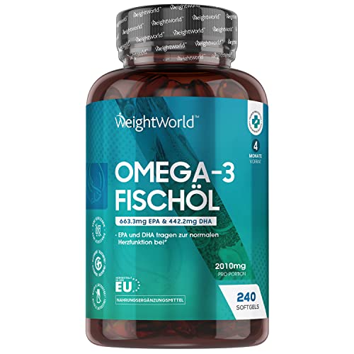 Omega 3 Kapseln - 2010mg Fischöl je Kapsel - 240 Stück - 1100mg Omega 3, 663,3mg EPA & 442,2mg DHA Fettsäuren pro Portion - Nachhaltig, Rein & Ohne Zusätze - Herzfunktion & Blutdruck - WeightWorld