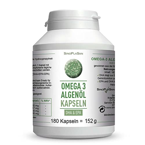 Omega-3 Algenöl || 180 Kapseln || 576mg DHA & 288mg EPA pro Tag || OHNE Carrageen || vegan || 100% natürlich aus der Alge Schizochytrium sp.|| SinoPlaSan