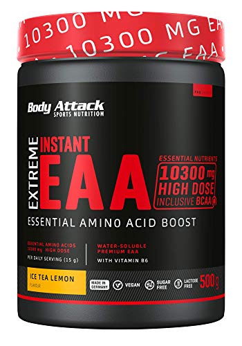 Body Attack Extreme Instant EAA Pulver - 500g, extrem Lecker, sofort löslich, vegan, 8 essentielle Aminosäuren hochdosiert - 10300mg EAAs pro Shake, Made in Germany, Ice Tea