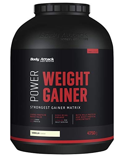 Body Attack Power Weight Gainer, 100% Masseaufbau, Kohlenhydrat-Eiweißpulver zum Muskelaufbau mit Whey-Protein, ideal für Hardgainer (Vanilla, 4,75 kg)