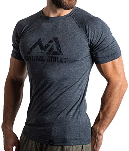 Natural Athlet Herren Fitness T-Shirt meliert - Männer Kurzarm Shirt für Gym & Training - Passform Slim-Fit, lang mit Rundhals, M, Anthrazit