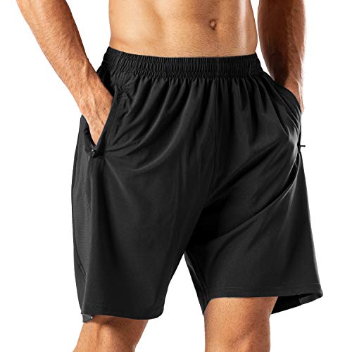 Herren Sport Shorts Schnell Trocknend Kurze Hose mit Reißverschlusstasch(Schwarz,3XL)