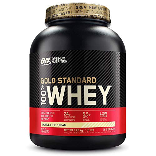 Optimum Nutrition ON Gold Standard Whey Protein Pulver, Eiweißpulver zum Muskelaufbau, natürlich enthaltene BCAA und Glutamin, Vanilla Ice Cream, 76 Portionen, 2.27kg, Verpackung kann Variieren